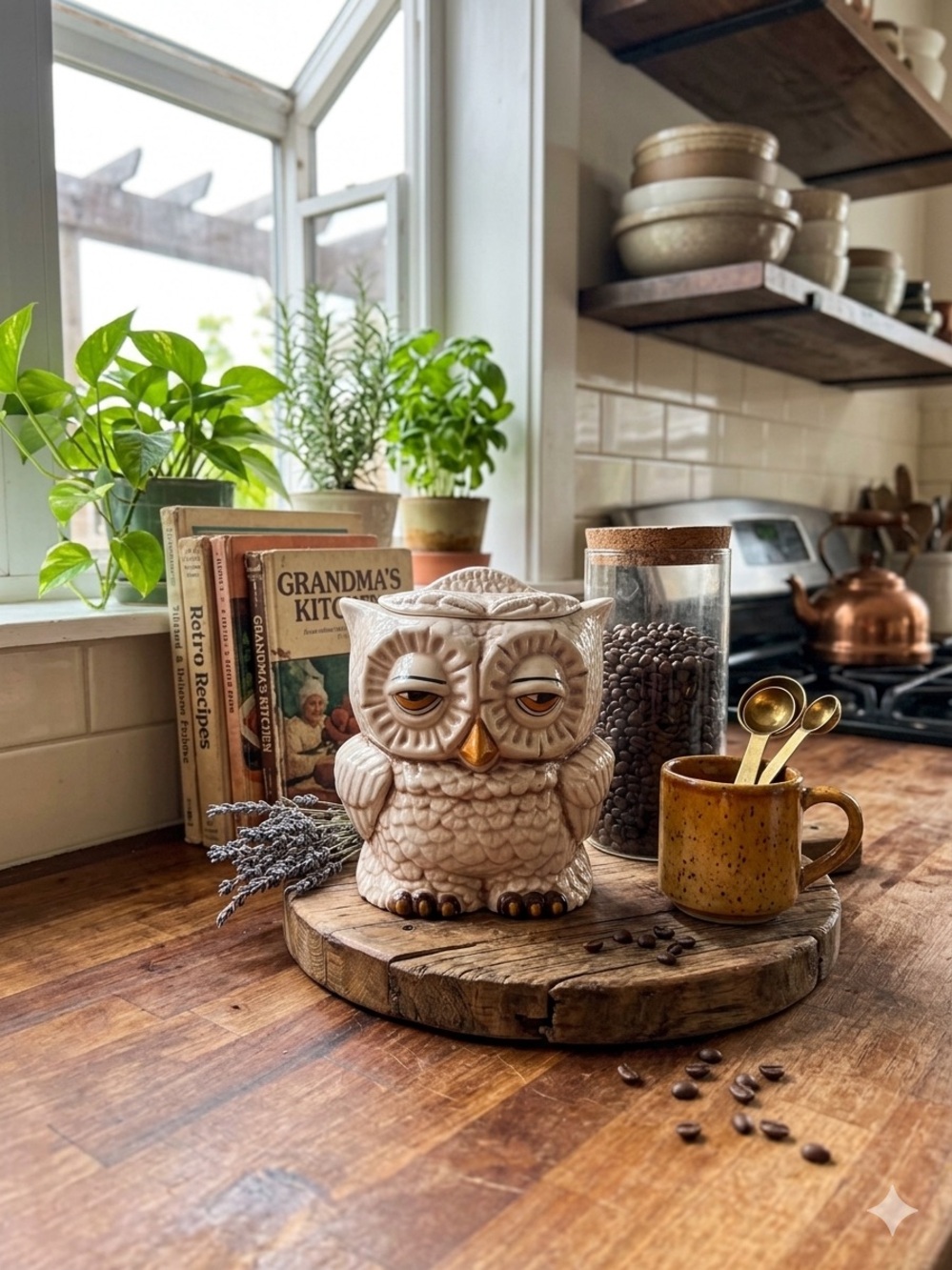 Vintage 1979 Ceramic Sleepy Owl Cookie Jar Two-Sided Retro Mid Century